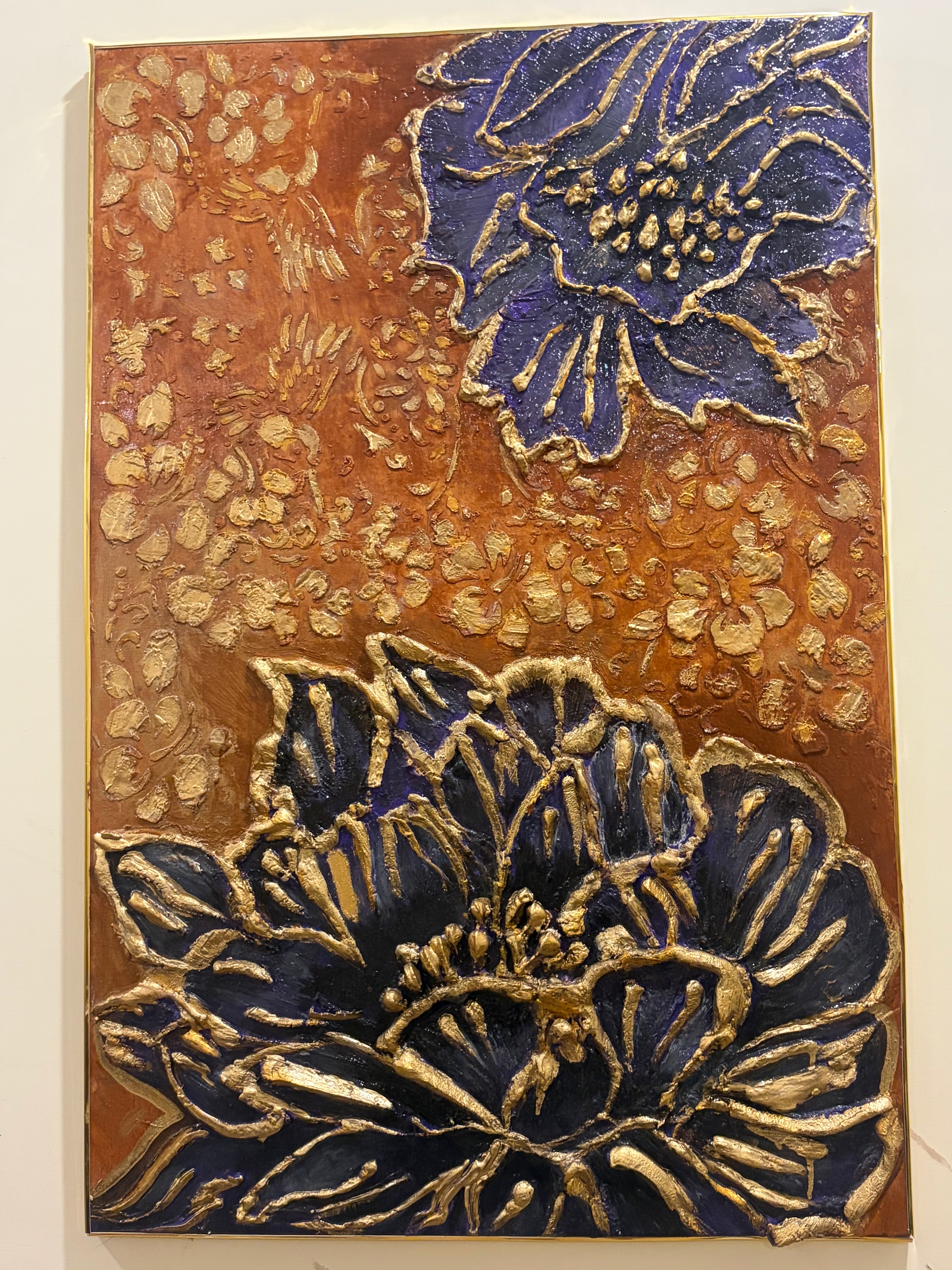 Midnight Petals & Gold: Original Textured Floral Art