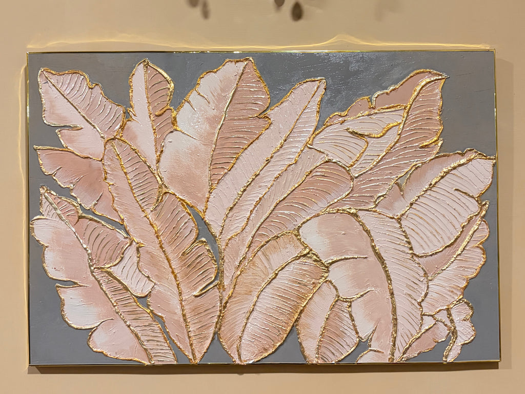 3D Textured Botanical Canvas Wall Art – Beige & Gold Leaf Leaf Painting