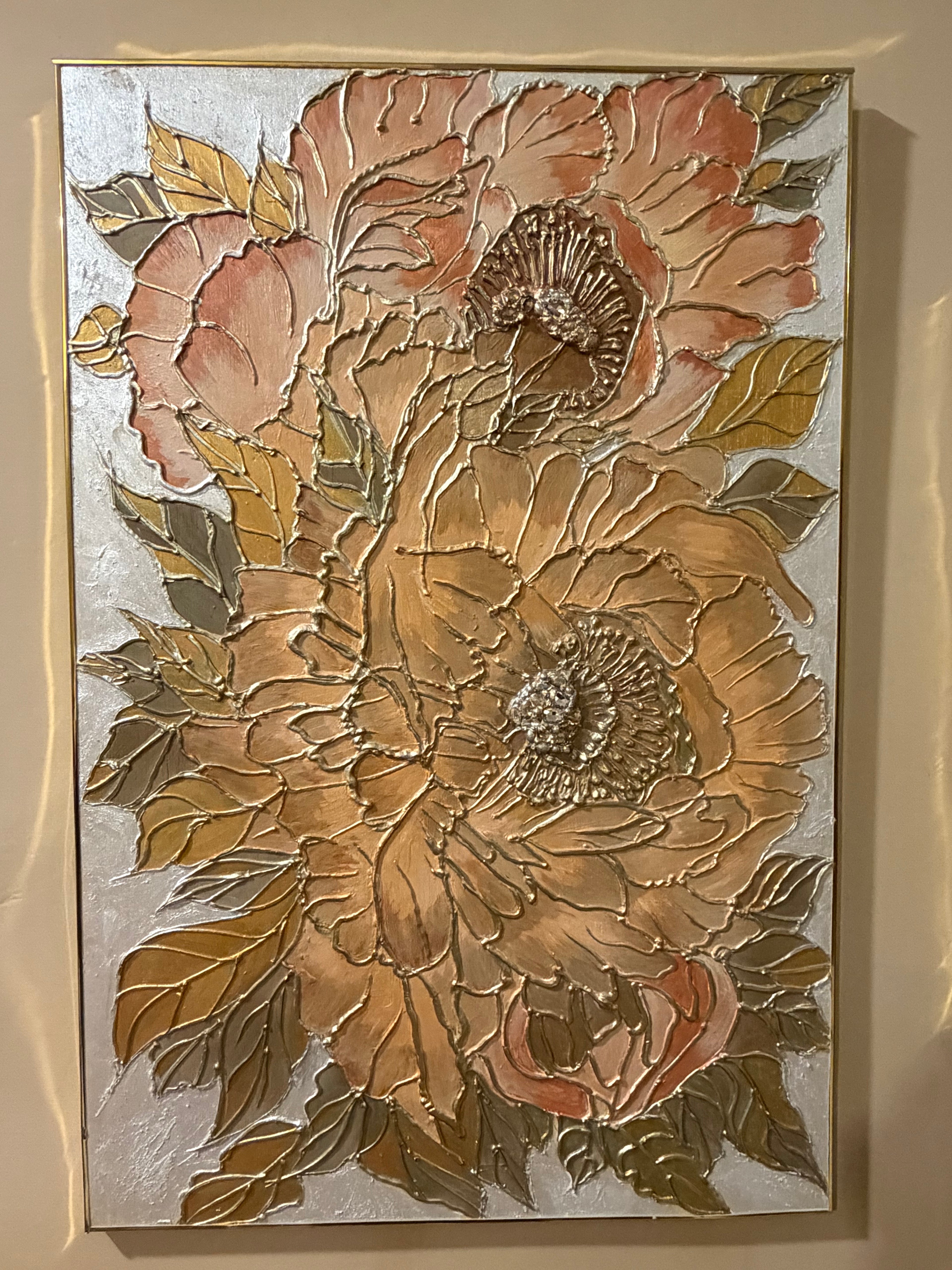 Gilded Champagne Peonies: 3D Textured Floral Art
