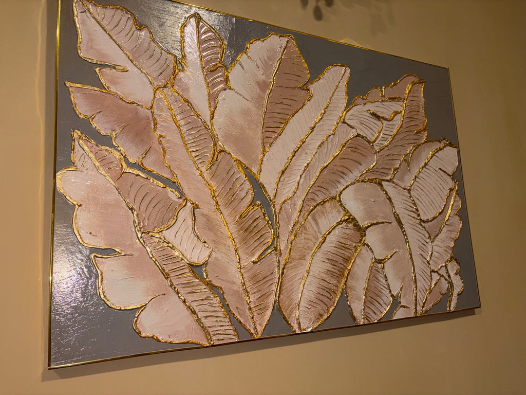 3D Textured Botanical Canvas Wall Art – Beige & Gold Leaf Leaf Painting