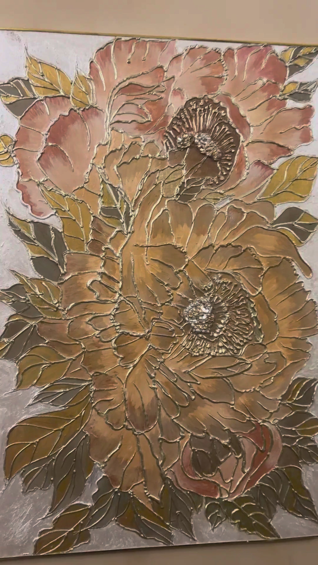 Gilded Champagne Peonies: 3D Textured Floral Art